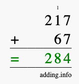 Calculate 217 + 67 using long addition