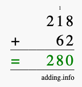 Calculate 218 + 62 using long addition