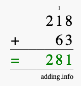 Calculate 218 + 63 using long addition