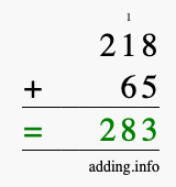 Calculate 218 + 65 using long addition