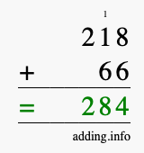 Calculate 218 + 66 using long addition