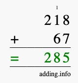 Calculate 218 + 67 using long addition