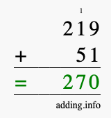 Calculate 219 + 51 using long addition