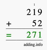 Calculate 219 + 52 using long addition