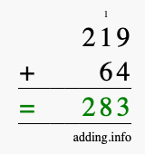 Calculate 219 + 64 using long addition