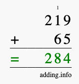 Calculate 219 + 65 using long addition