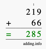 Calculate 219 + 66 using long addition