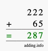 Calculate 222 + 65 using long addition