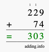 Calculate 229 + 74 using long addition