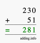 Calculate 230 + 51 using long addition
