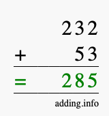 Calculate 232 + 53 using long addition