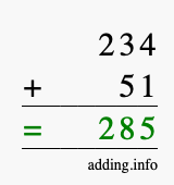 Calculate 234 + 51 using long addition