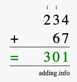 Calculate 234 + 67 using long addition