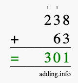 Calculate 238 + 63 using long addition