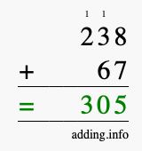 Calculate 238 + 67 using long addition