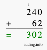 Calculate 240 + 62 using long addition