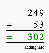 Calculate 249 + 53 using long addition