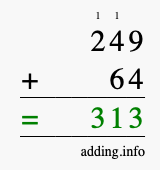 Calculate 249 + 64 using long addition