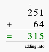 Calculate 251 + 64 using long addition