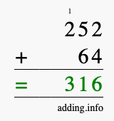 Calculate 252 + 64 using long addition