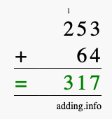 Calculate 253 + 64 using long addition