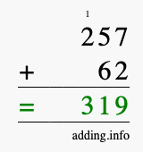 Calculate 257 + 62 using long addition