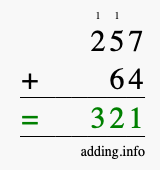 Calculate 257 + 64 using long addition