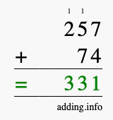 Calculate 257 + 74 using long addition