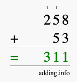 Calculate 258 + 53 using long addition