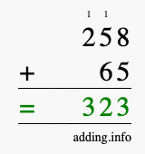 Calculate 258 + 65 using long addition