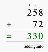 Calculate 258 + 72 using long addition