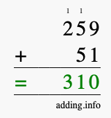 Calculate 259 + 51 using long addition