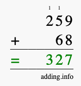 Calculate 259 + 68 using long addition