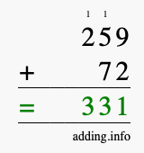 Calculate 259 + 72 using long addition