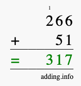 Calculate 266 + 51 using long addition