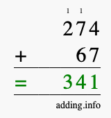 Calculate 274 + 67 using long addition