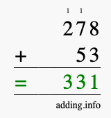 Calculate 278 + 53 using long addition