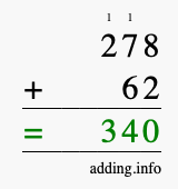 Calculate 278 + 62 using long addition