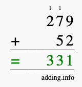 Calculate 279 + 52 using long addition