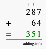 Calculate 287 + 64 using long addition