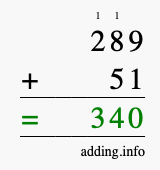 Calculate 289 + 51 using long addition