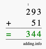 Calculate 293 + 51 using long addition