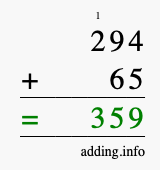 Calculate 294 + 65 using long addition