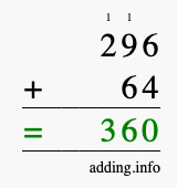 Calculate 296 + 64 using long addition