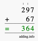 Calculate 297 + 67 using long addition