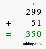 Calculate 299 + 51 using long addition