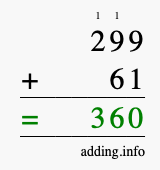 Calculate 299 + 61 using long addition