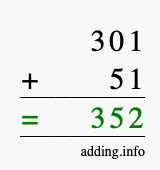 Calculate 301 + 51 using long addition