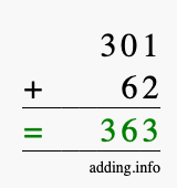 Calculate 301 + 62 using long addition