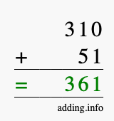 Calculate 310 + 51 using long addition